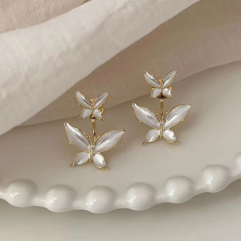 white double-butterfly drop and stud alloy earring