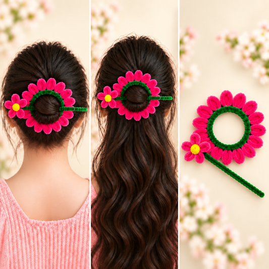 Pink flower Pipe Cleaner Bun Stick Set