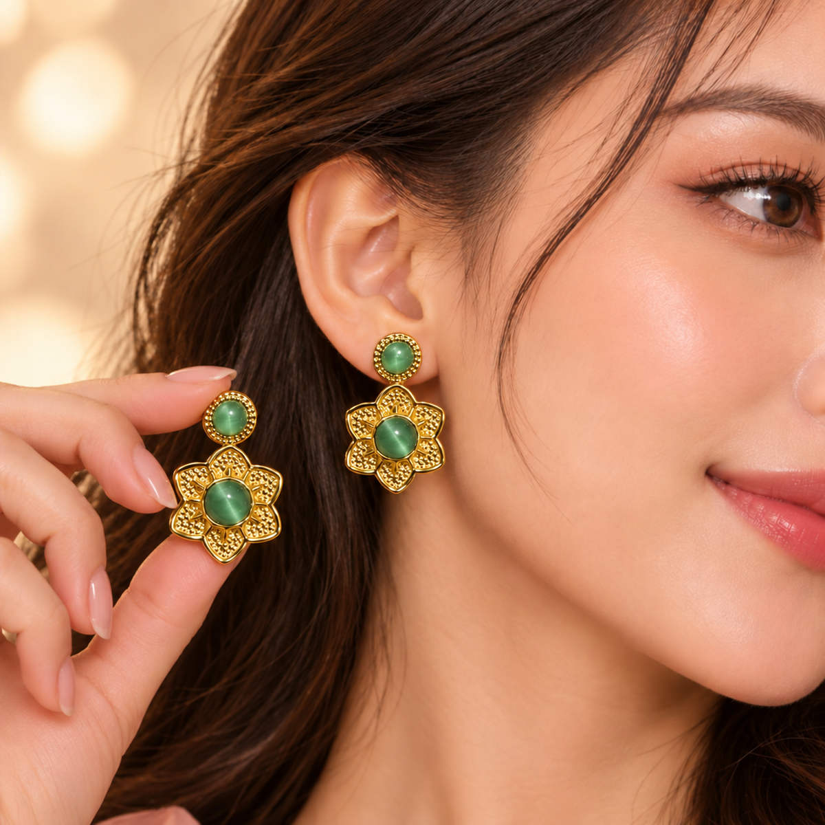 Jade Green Cat-Eye Floral Gold-Tone Drop Earrings