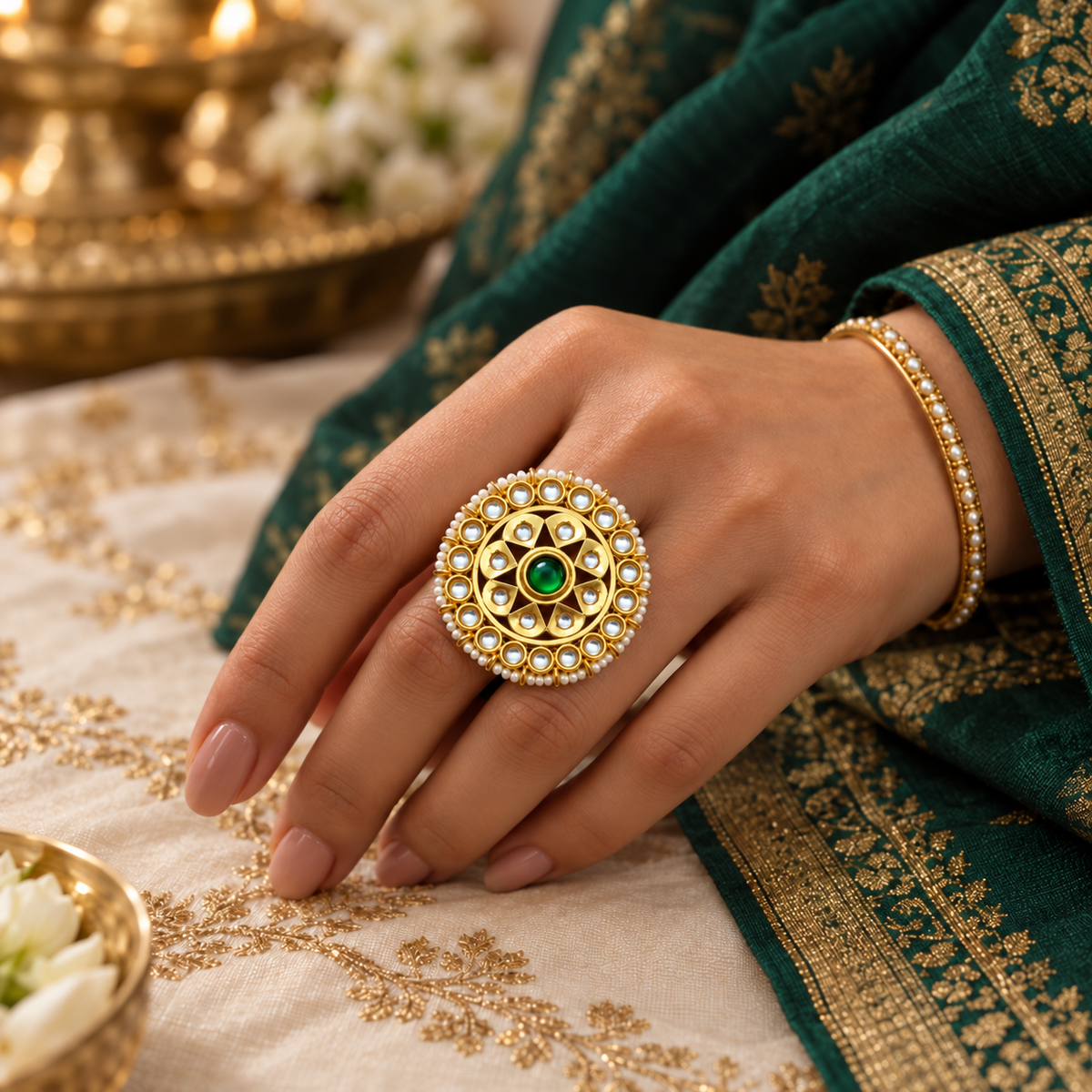 Traditional green diamond Kundan  Ring