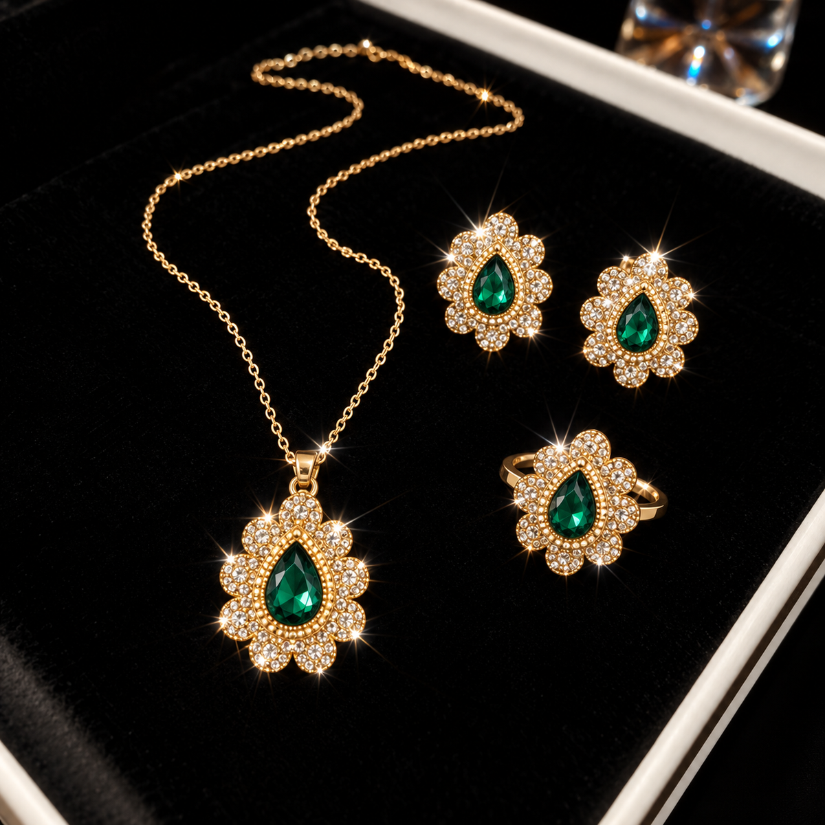gold-tone teardrop-shaped green stone combo set