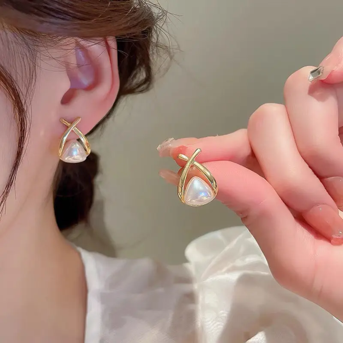 Korean Pearl Stud Earrings with Gold Cross Design.