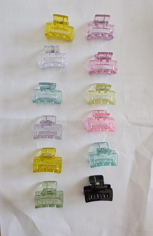 set of 12 small, colorful, glitter-infused plastic hair claw