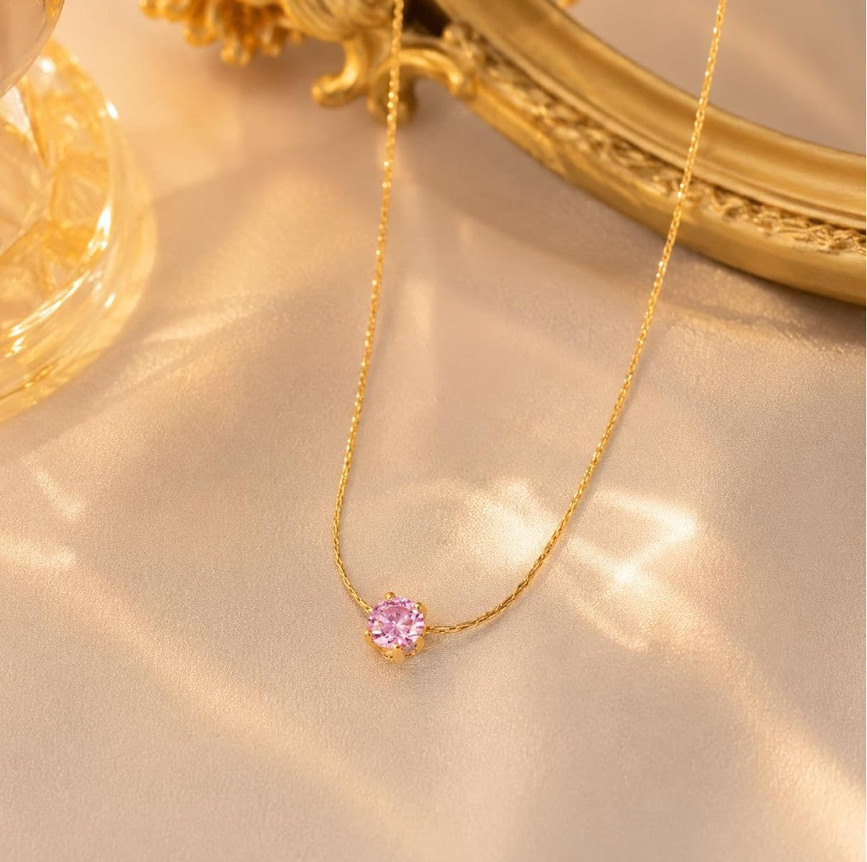 Anti tarnished pink stone necklace