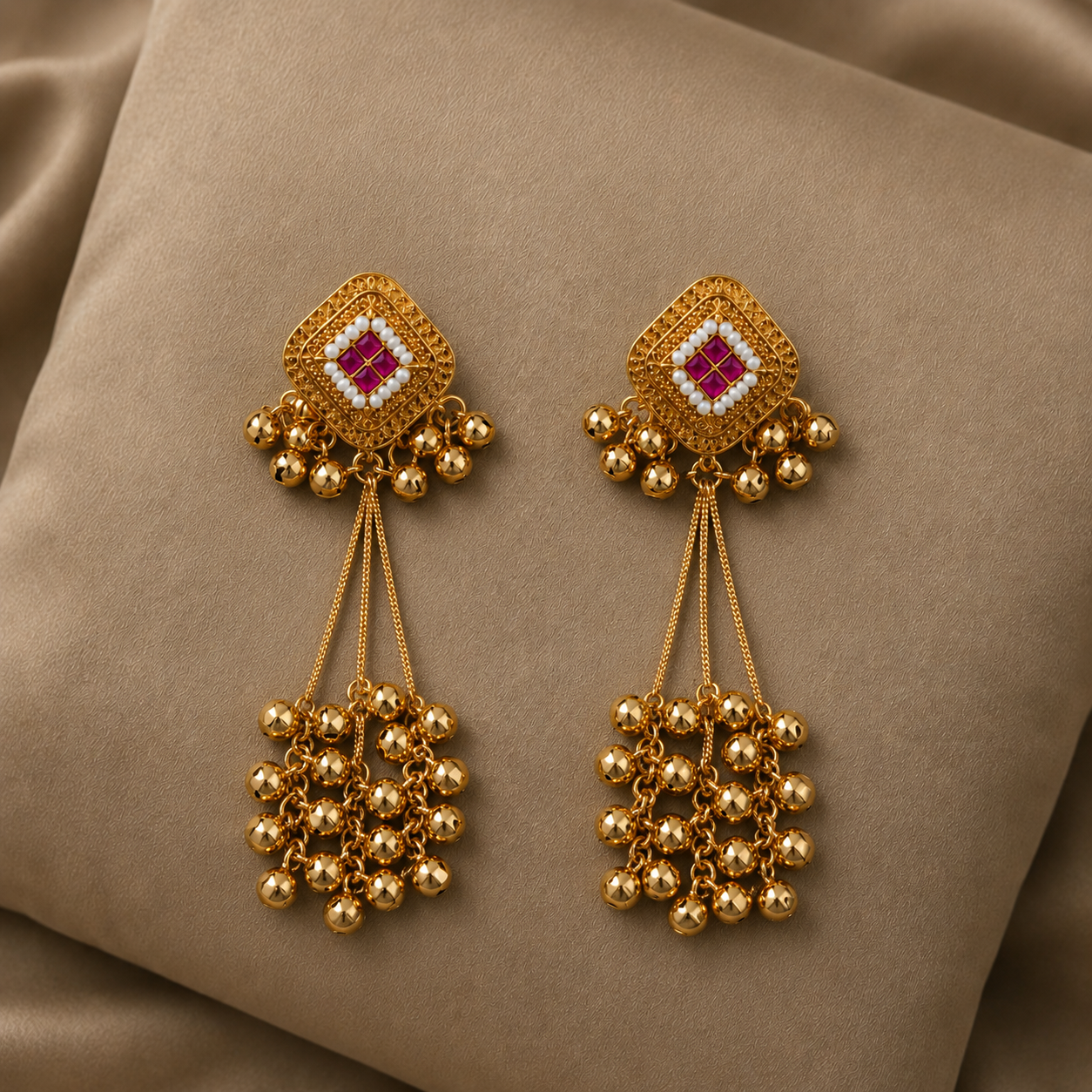 Kashmiri Heritage Pink Ruby Stone Long Tassel Earrings