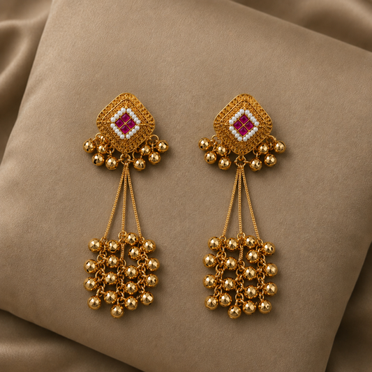 Kashmiri Heritage Pink Ruby Stone Long Tassel Earrings