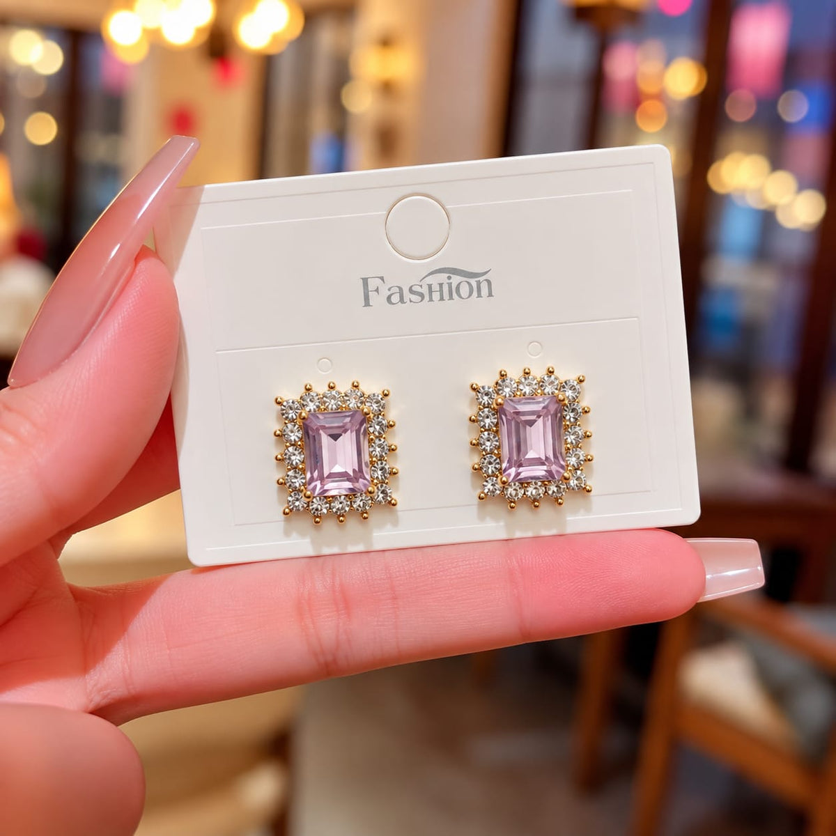 rectangular crystal stud earrings with rhinestone halos