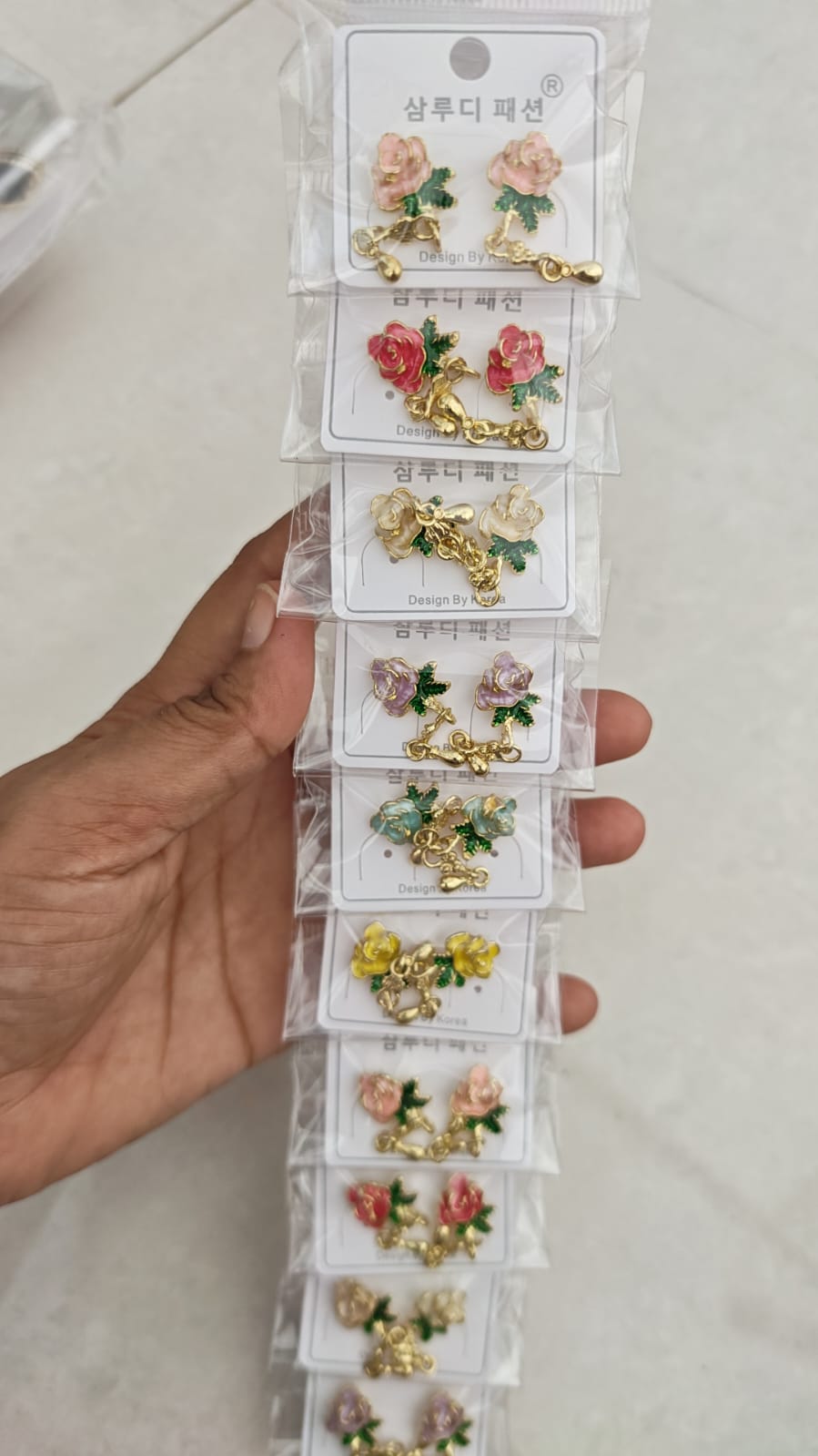 Korean-style enamel rose flower drop earrings
