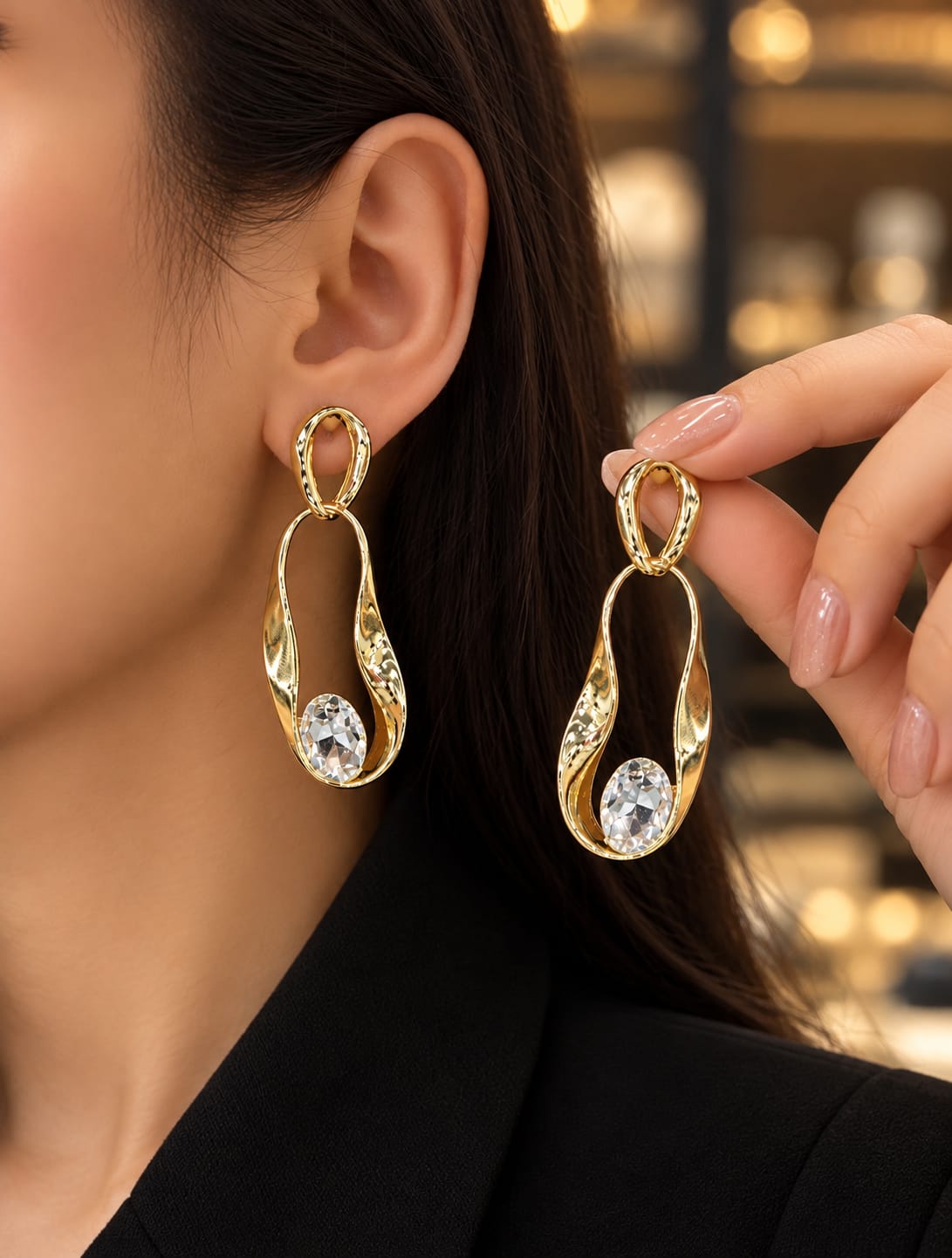 Gold-Tone Sculpted Teardrop Crystal Drop Earrings