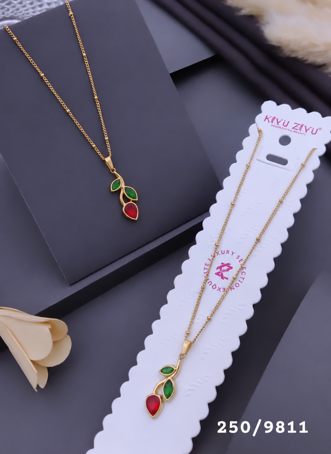 Gold-Tone Green and Red Leaf Pendant Necklace