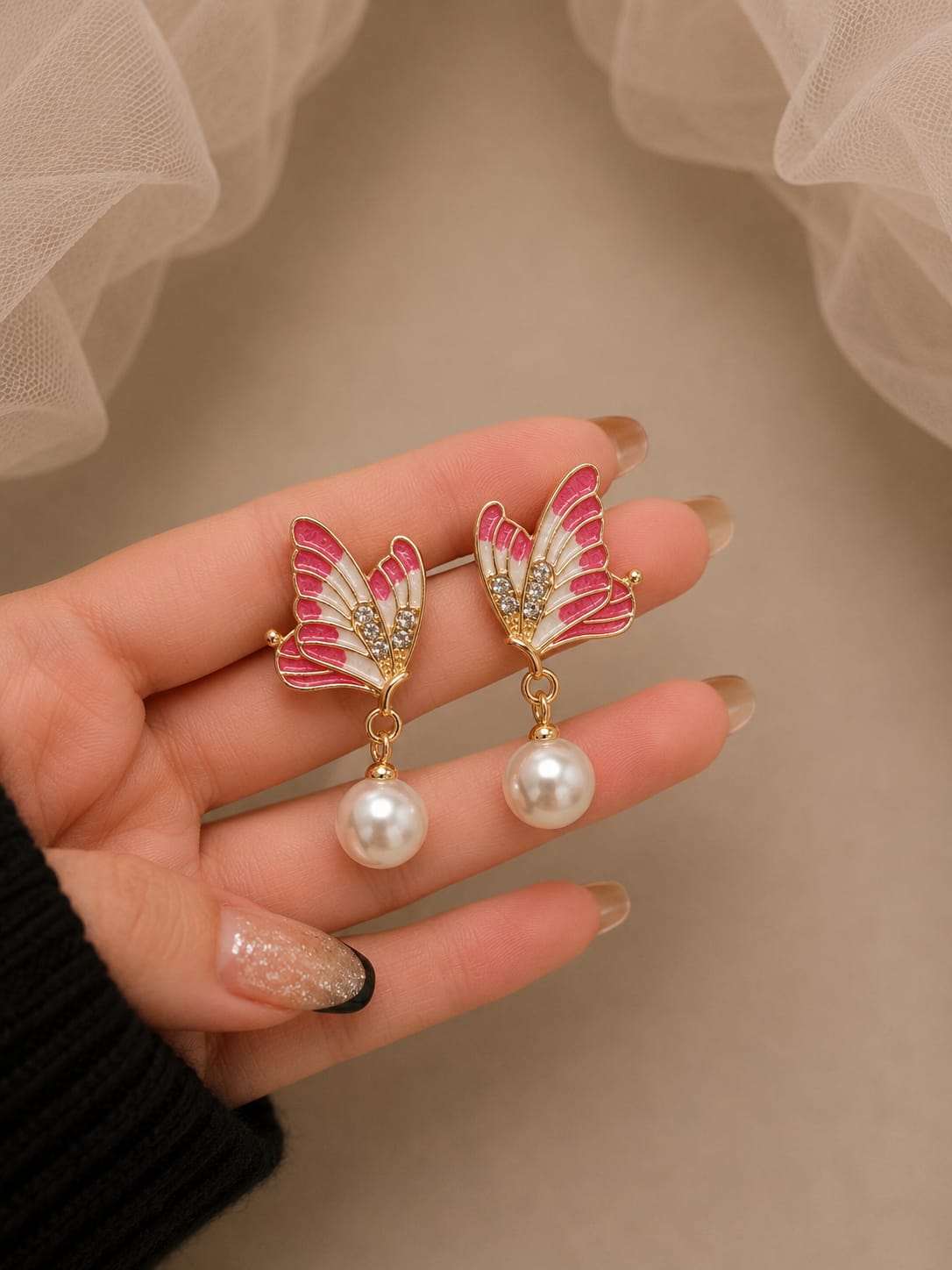 enamel butterfly studs with dangling white pearl drop earring