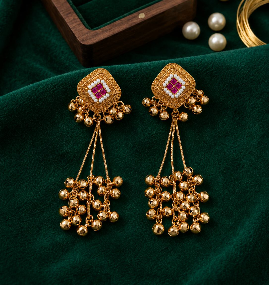 Kashmiri Heritage Pink Ruby Stone Long Tassel Earrings