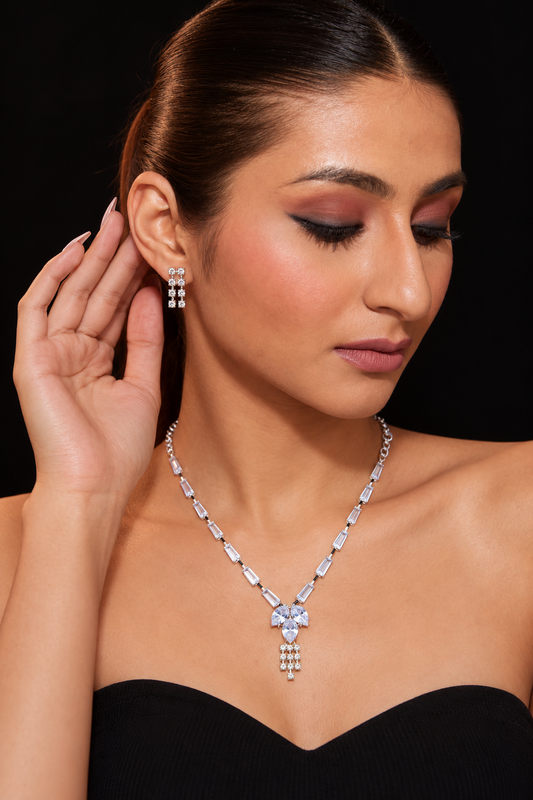 Silver Plated Artificial Stone Studded Necklace & Earring Set