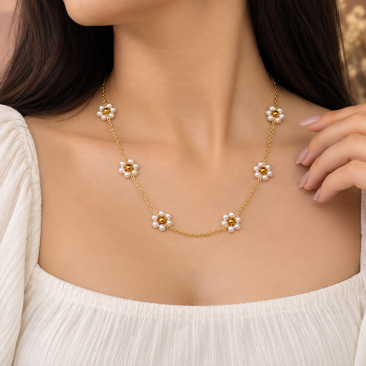 White Floral Beaded Chain Necklace