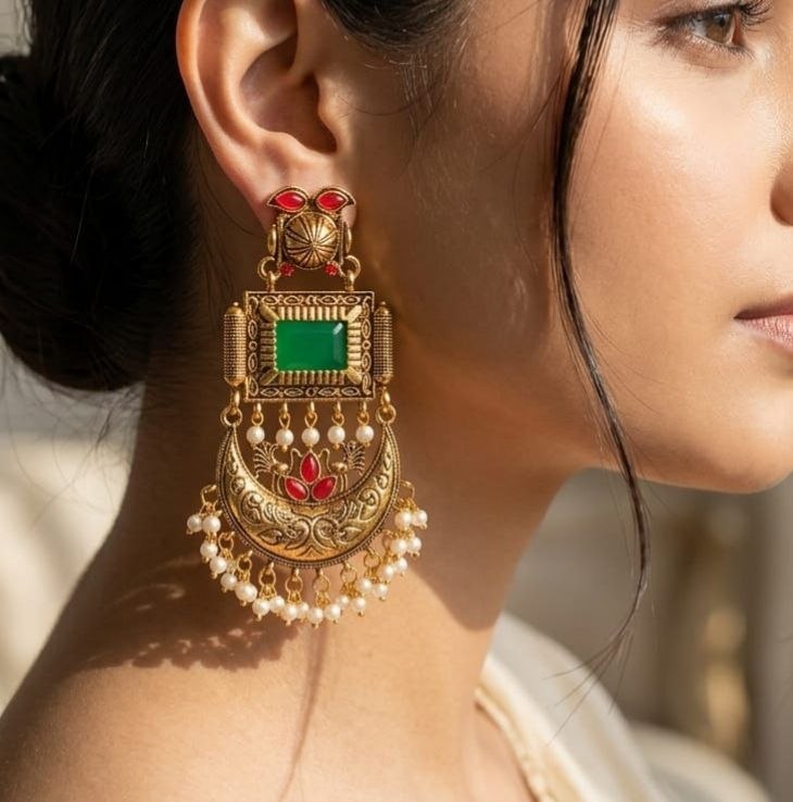 Traditional Gold Plated green stone  Pearl Chandbali Earring