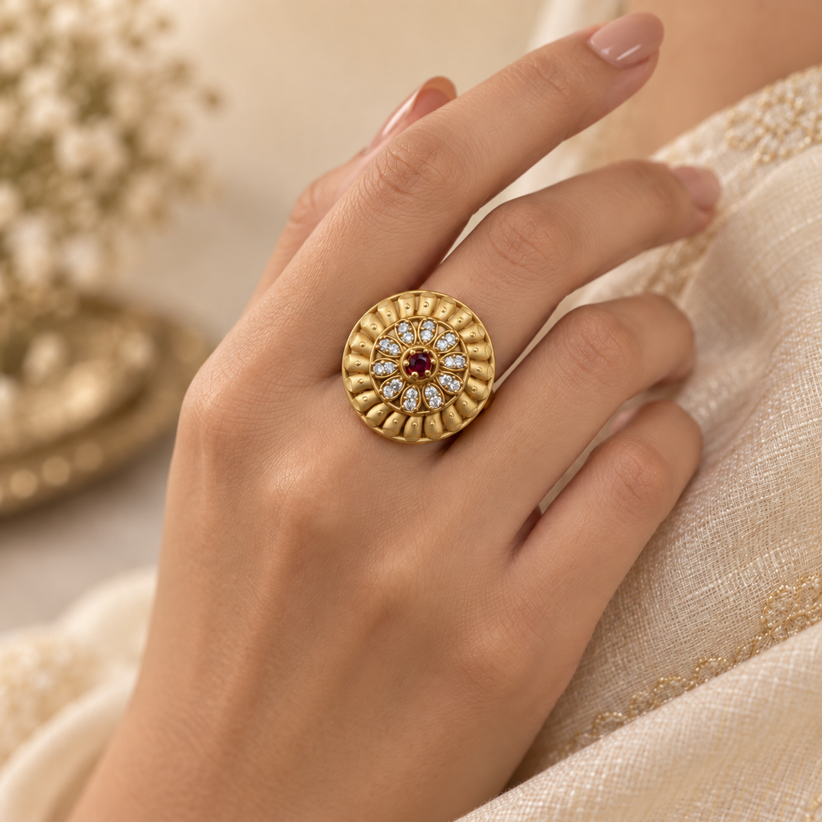 Traditional Ruby Floral Statement Ring