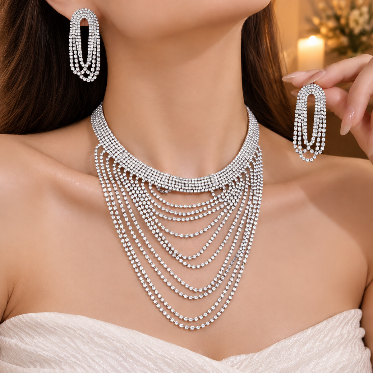silver-plated, multi-layered diamond necklace with earring set