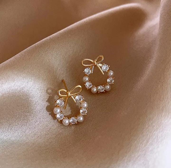 Elegant Gold Bow Pearl & Crystal Wreath Stud Earrings