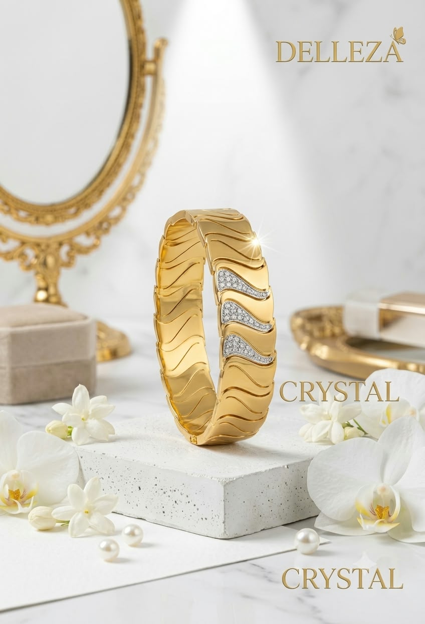 Gold-Tone Wavy Design Crystal Bangle Bracelet for Women