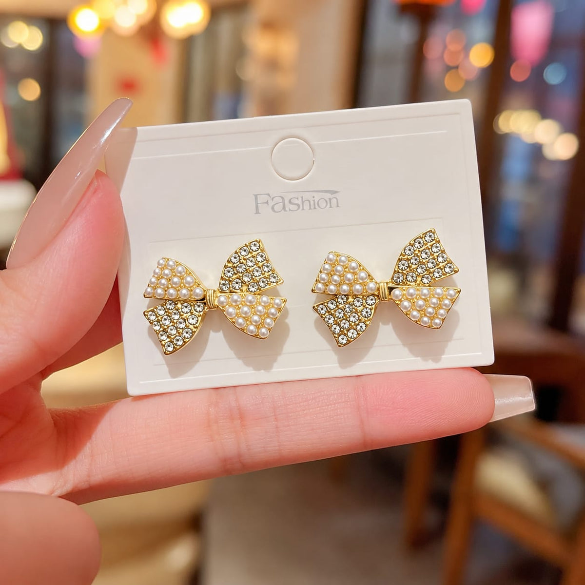 Elegant Korean-Style Faux Pearl and Rhinestone Bow Stud Earrings