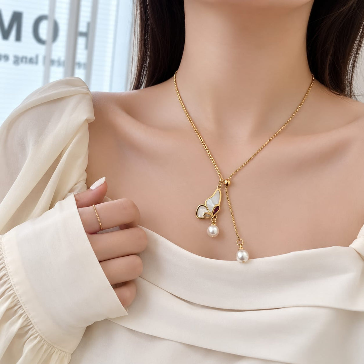 Butterfly Pearl Drop  Necklace