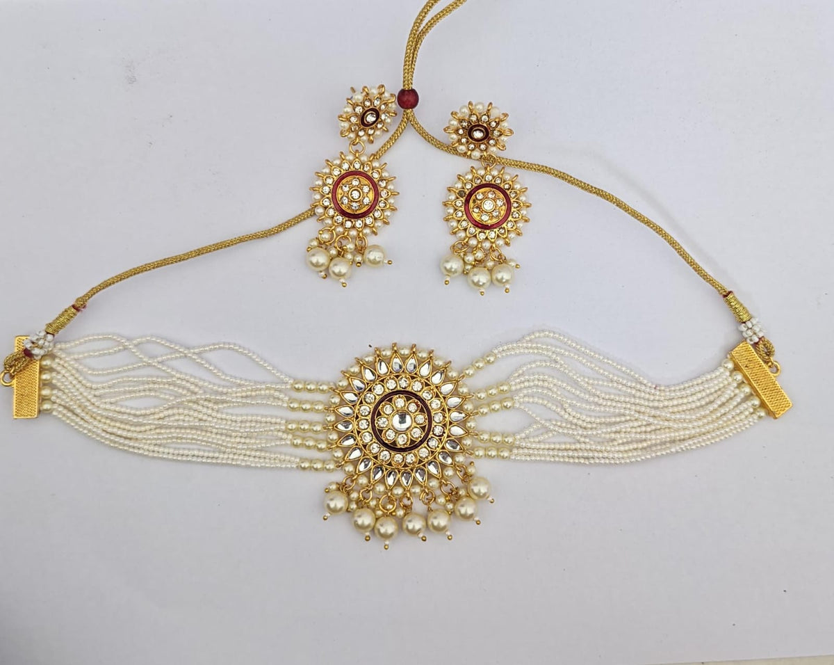 Traditional Multi-Layer Pearl Kundan Choker Necklace Set with Earrings