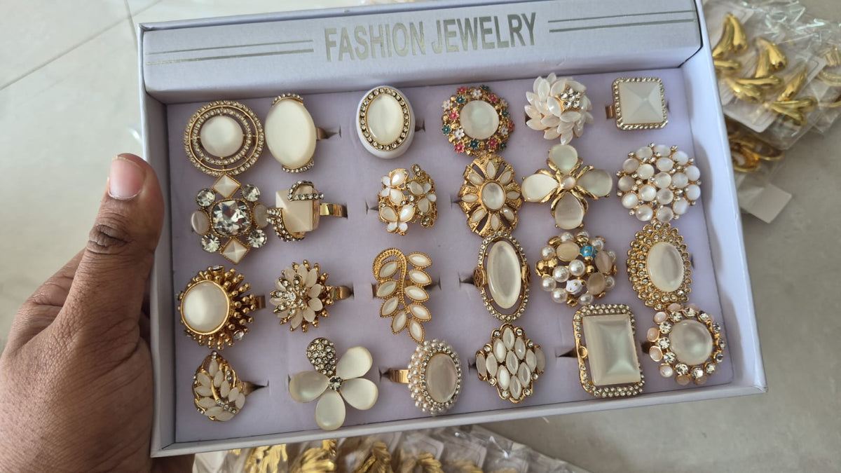 Set of 24 assorted fashion and imitation pearl adjustable rings