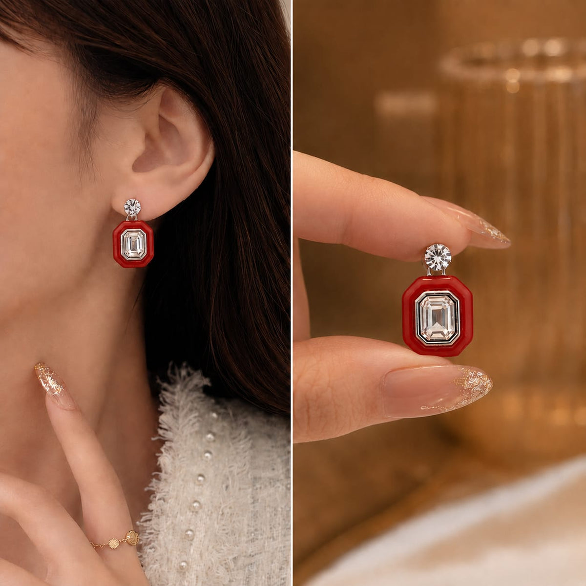 Silver plated stud Enamel Emerald earring