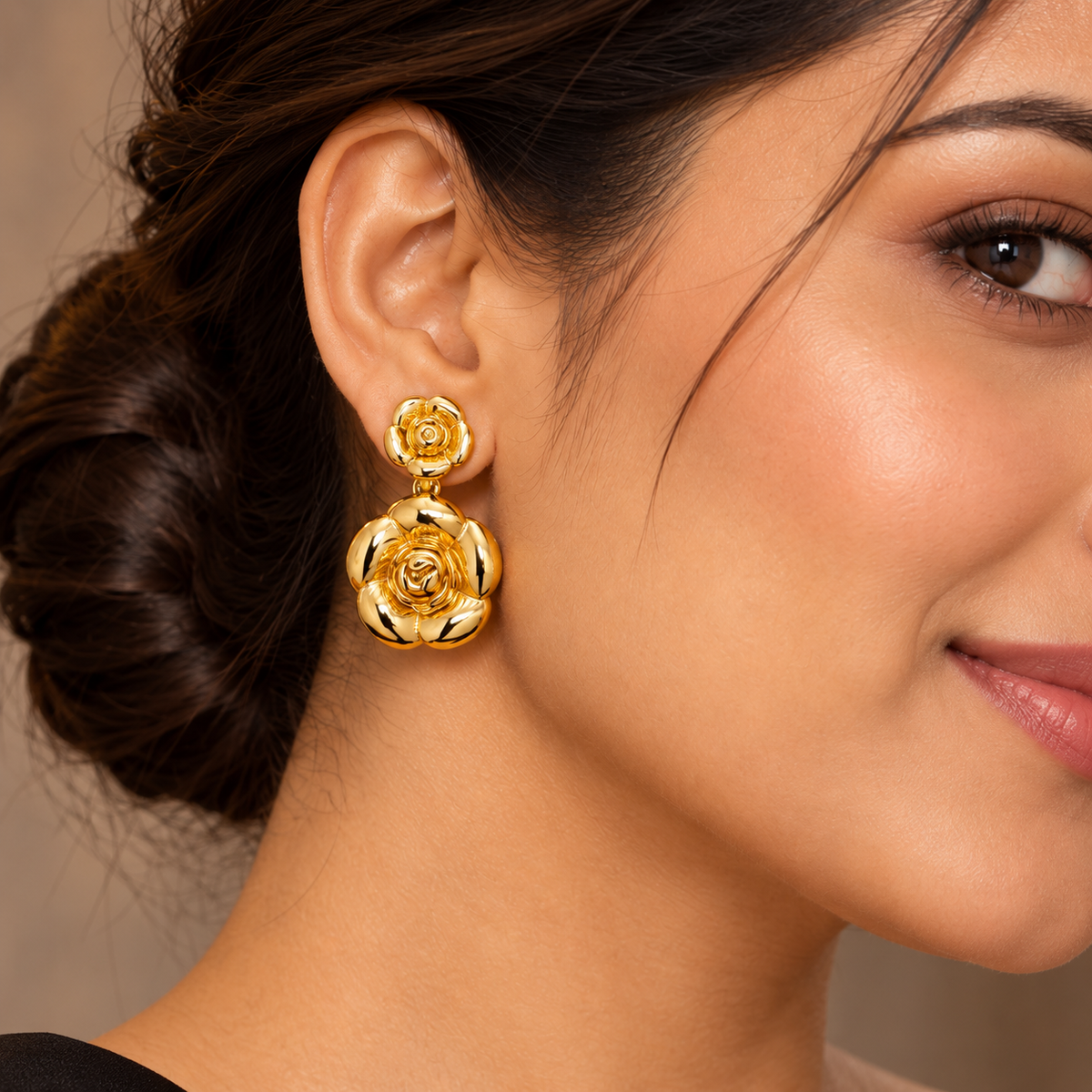 Anti tarnished camellia flower dangle earrings featuring