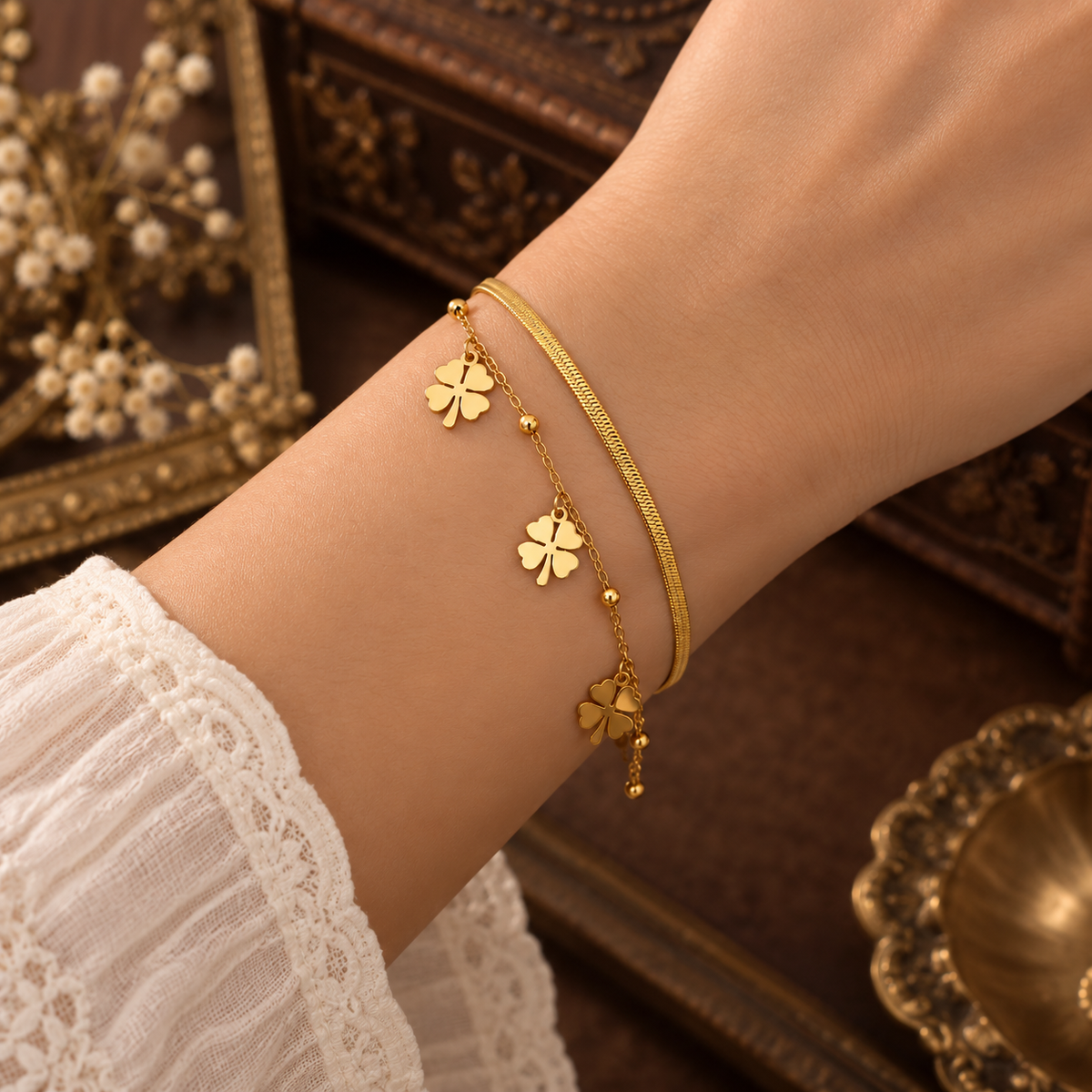Anti Tarnish Premium flower Charm Layered Bracelet