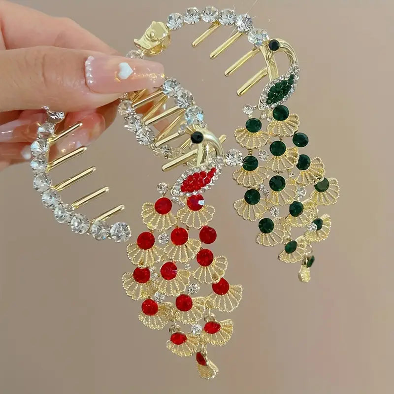 Peacock Crystal Fan Cascade Hair Accessory