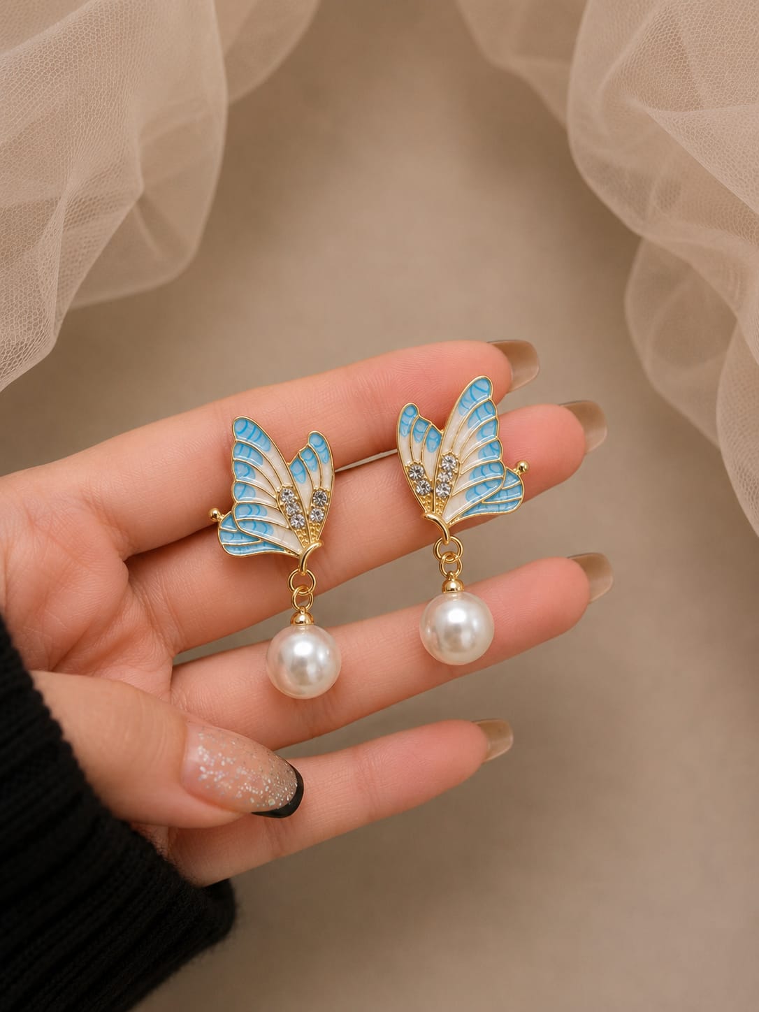 enamel butterfly studs with dangling white pearl drop earring