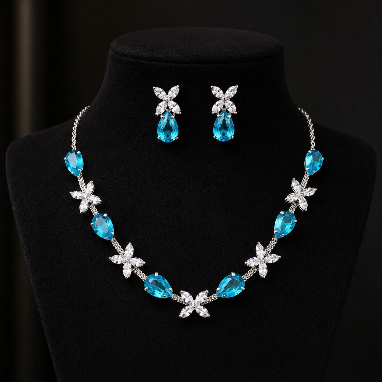 Premium Aqua Blue Crystal Floral Necklace with Matching Earrings