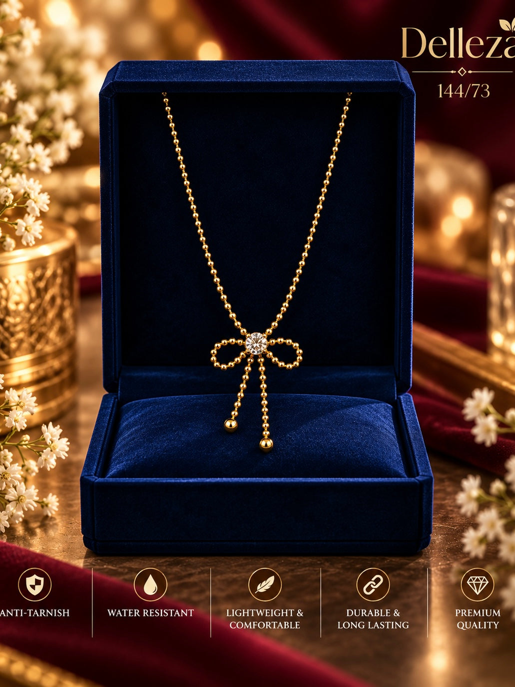bow knot pendant and a center crystal stone anti tarnished