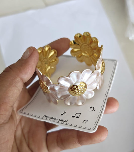 white flower enamel open cuff stainless steel bracelet