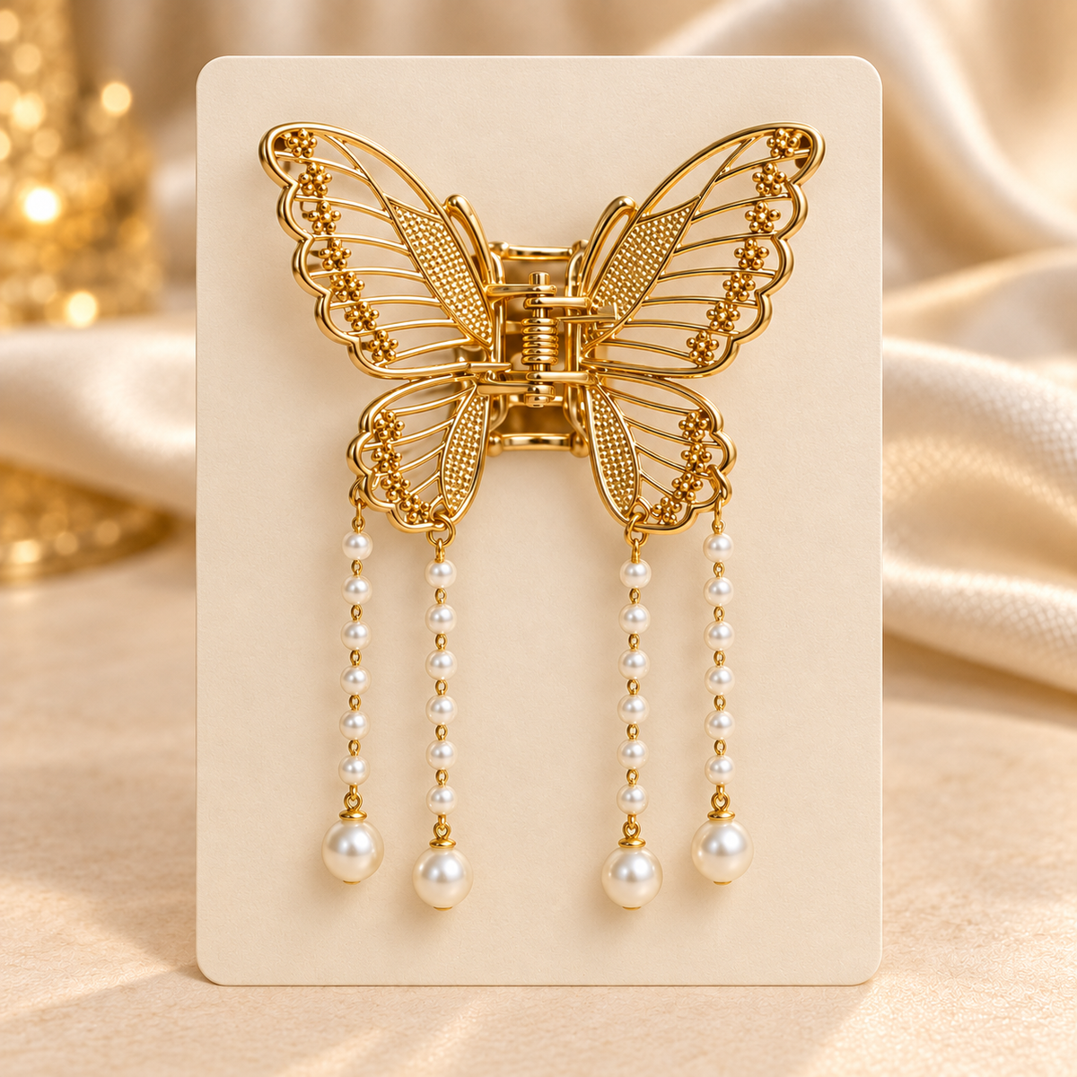 Golden Butterfly Pearl Drop Hair Clutcher