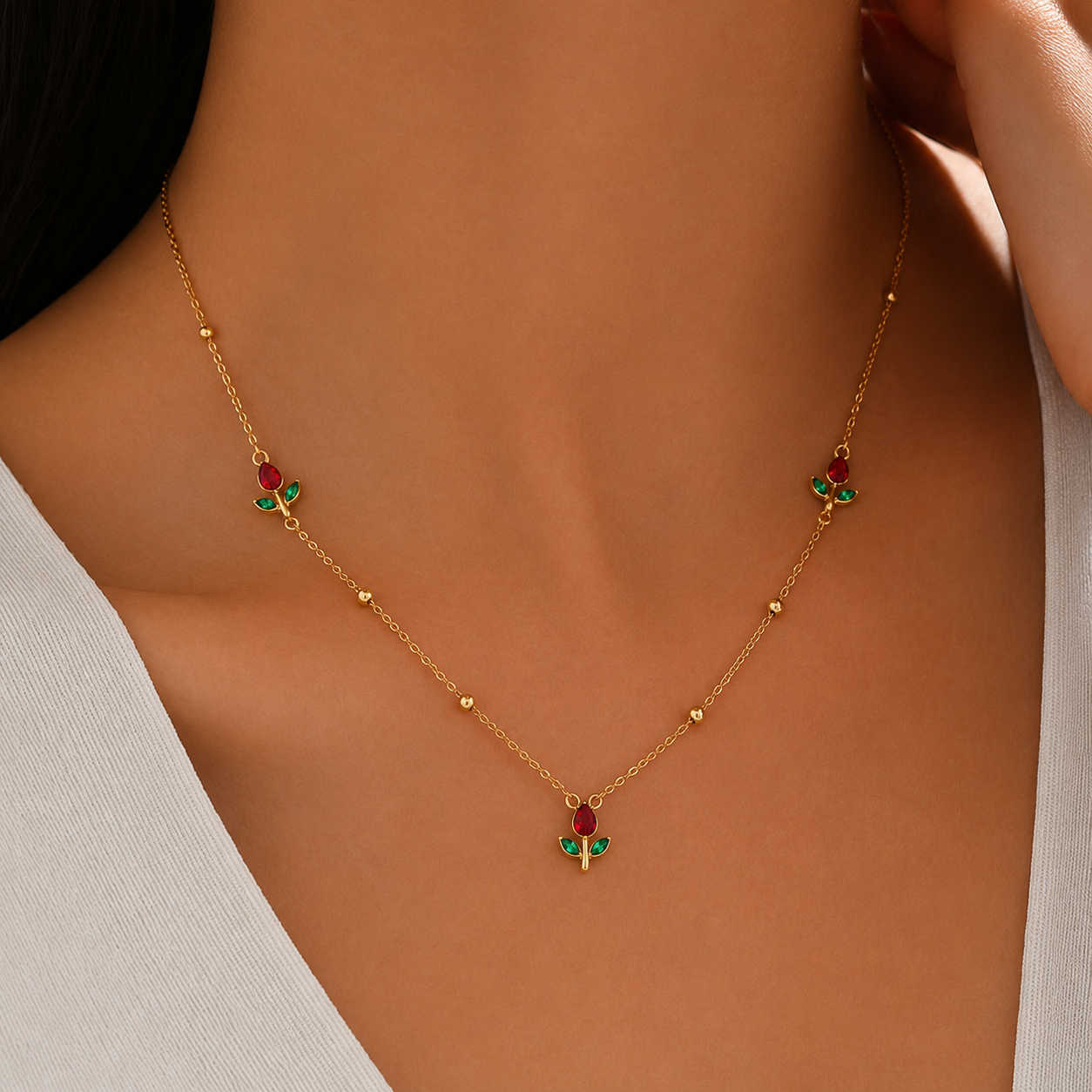 Kiyu ziyu anti tarnished red & green tulip necklace