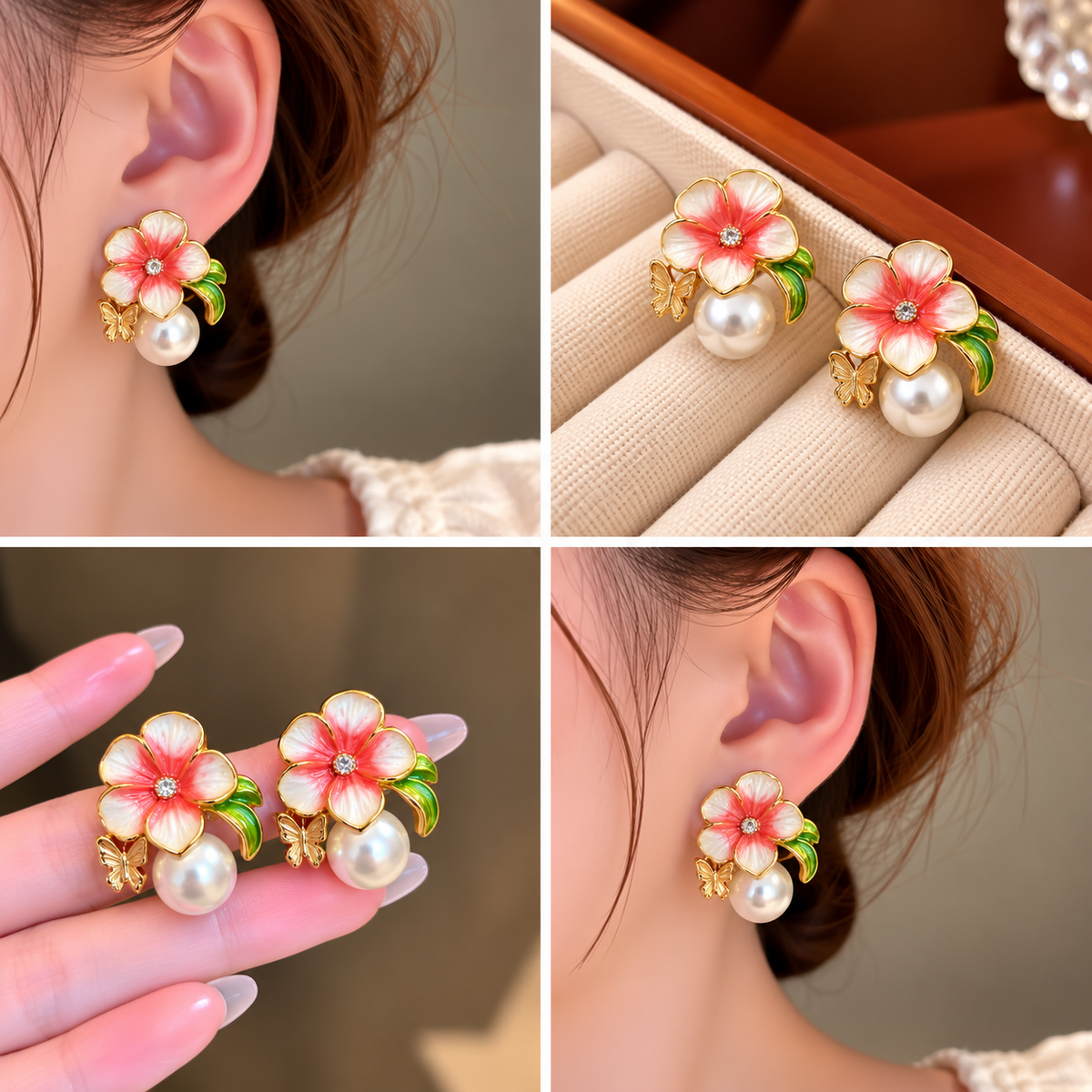 Korean-style enamel floral and pearl drop stud earrings