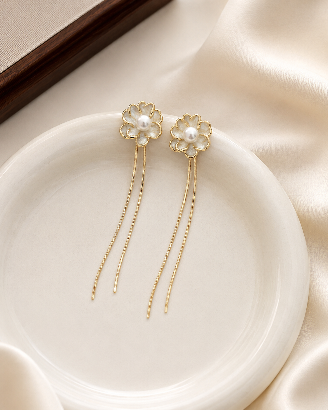 floral chain drop enamel petal stud earring
