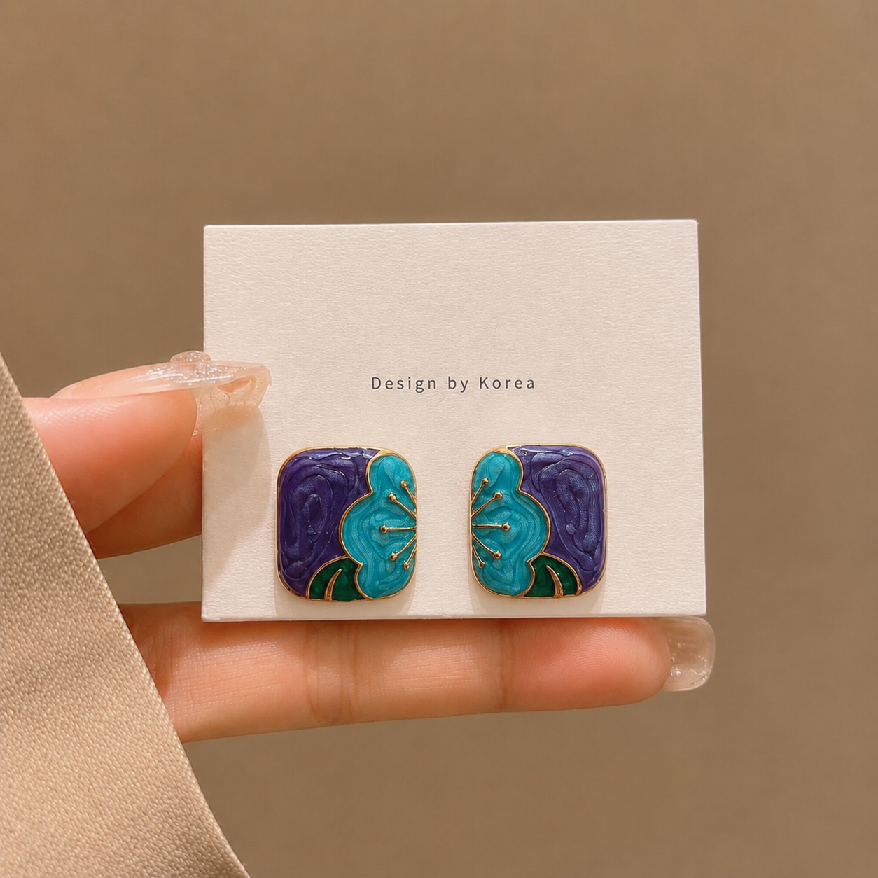 Korean Design Square Enamel Stud Earrings