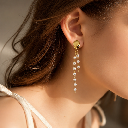 Gold-Plated Long Pearl Drop Earrings