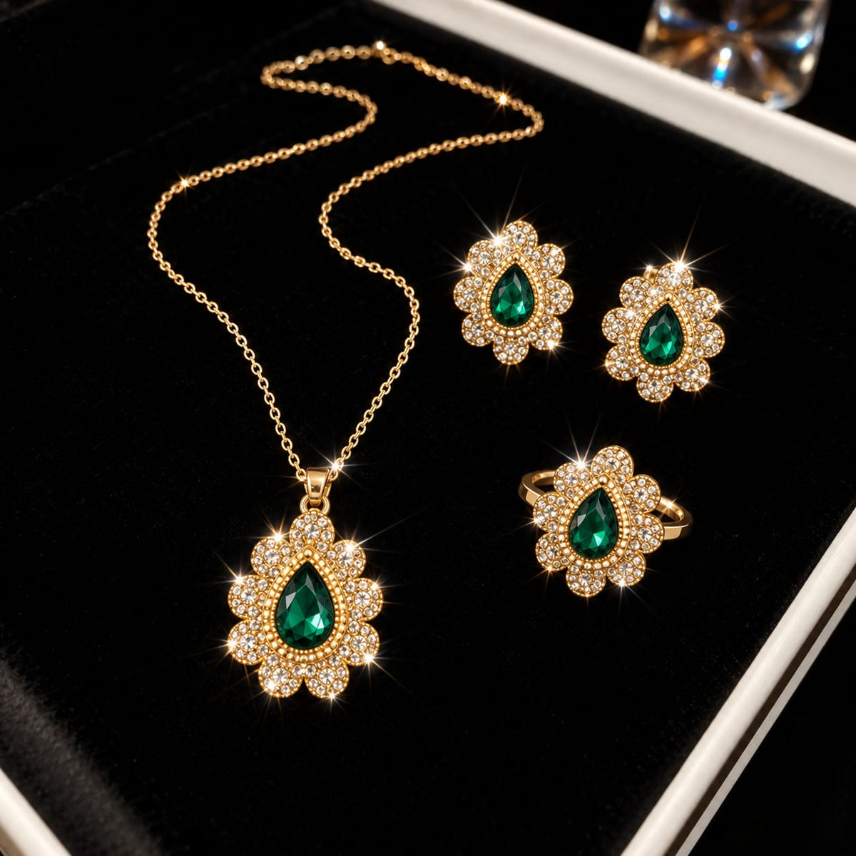 gold-tone teardrop-shaped green stone nacklase combo set