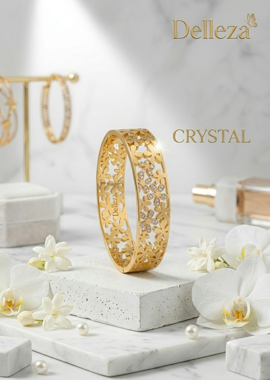 Gold-Tone Floral Cutwork Crystal Bangle Bracelet