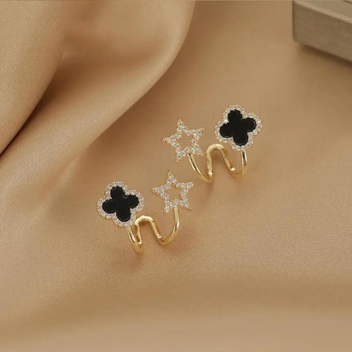 four-leaf clover and star crystal stud/cuff earring