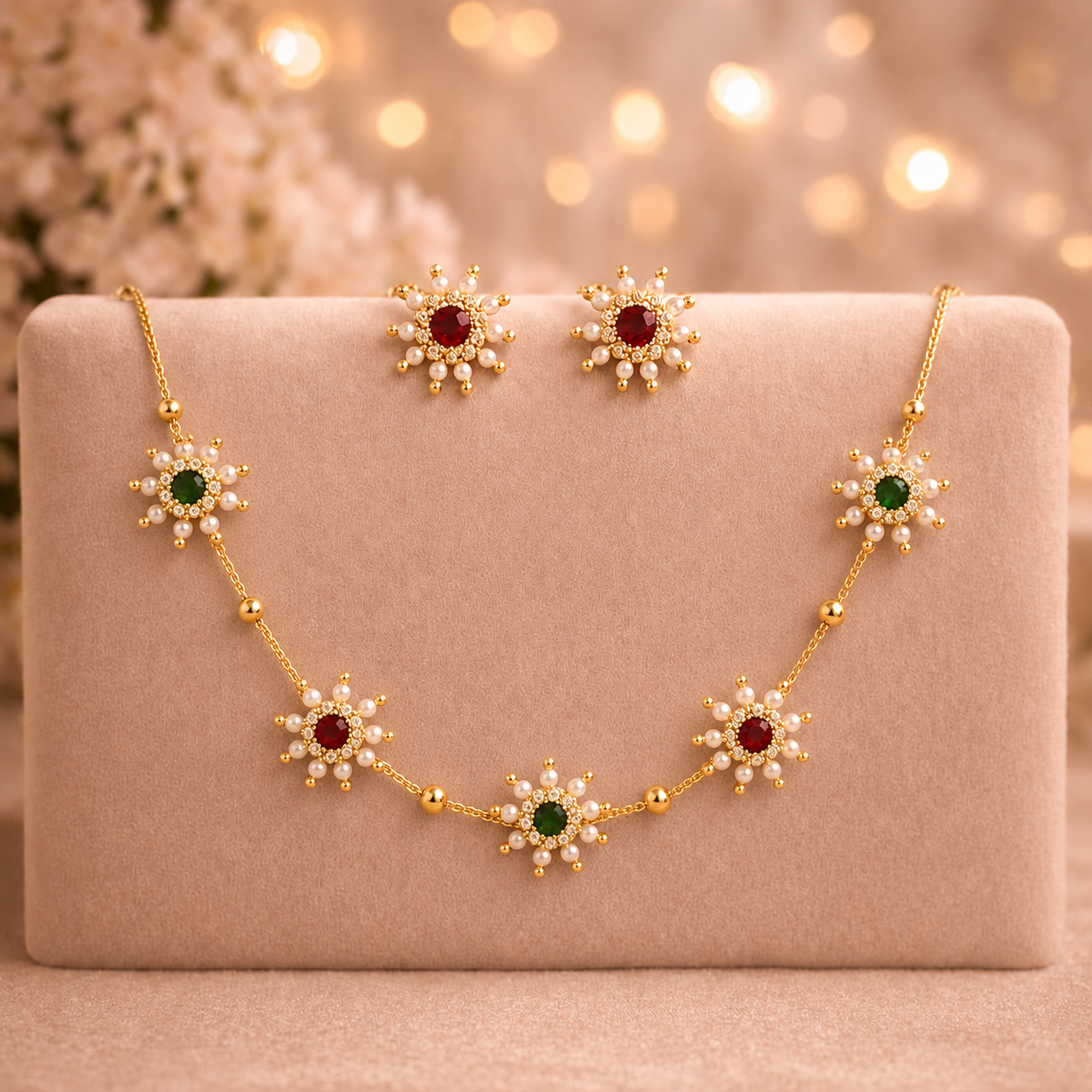 Gold Plated Floral Pearl & Stone Necklace with Stud Earrings