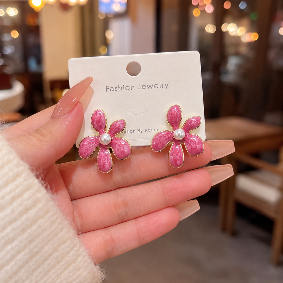 Korean-style enamel flower stud earring