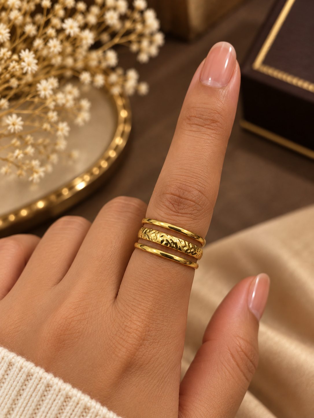 Golden Triple Band Textured Ring