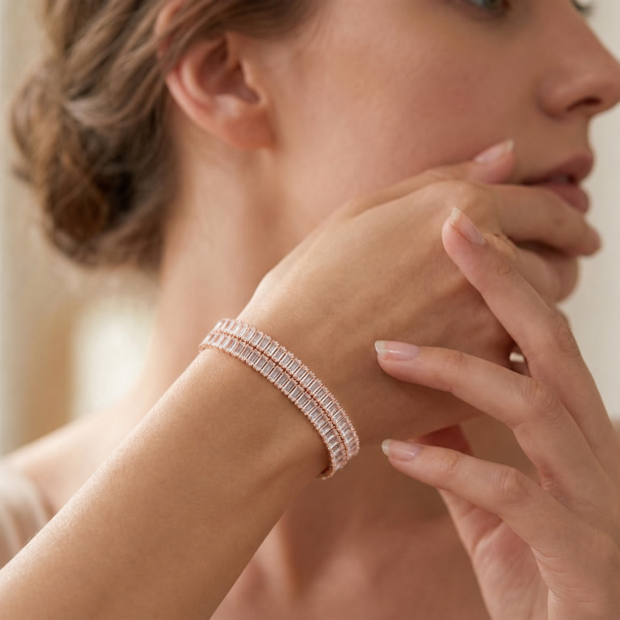 Rose Gold Plated Rectangular Cut Cubic Zirconia Tennis Bracelet small size