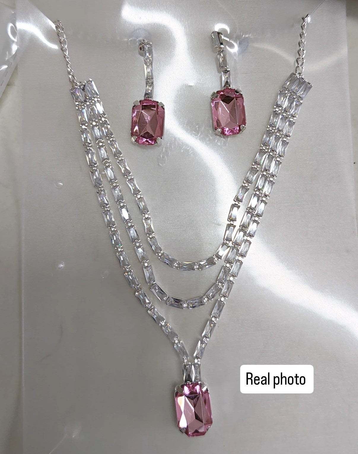 Crystal 3 layer  Silver pink necklace Set
