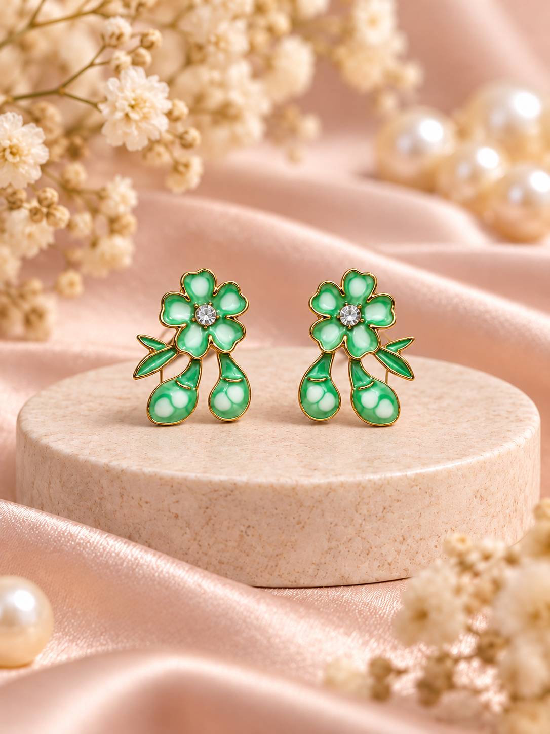 Green Floral Crystal Drop Earrings